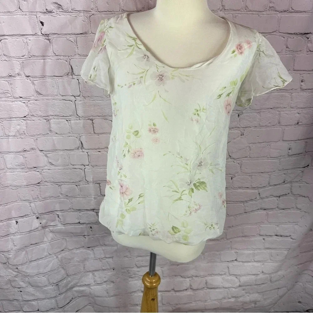 Giusy Floral Print Lightweight Silk Top Made In Italy Medium
